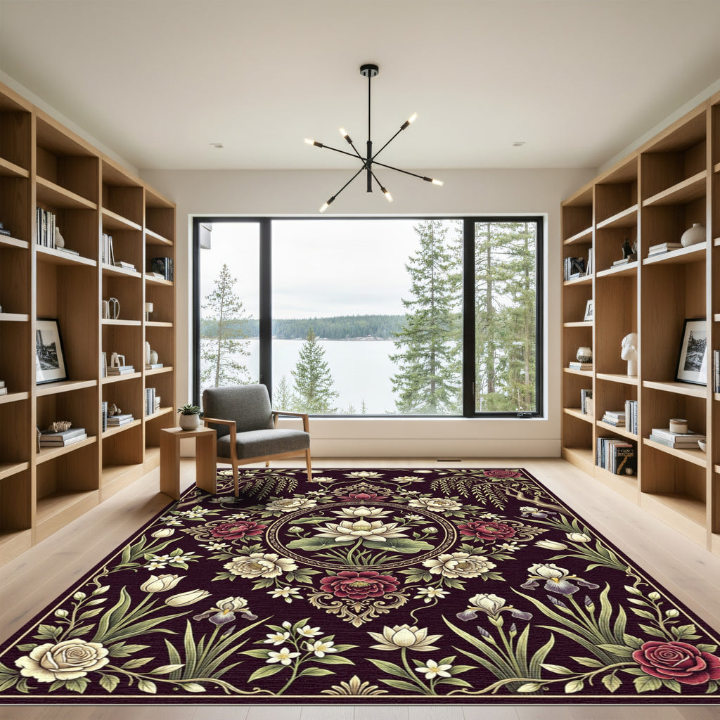 Elegant Dark Floral Lotus Medallion Rug