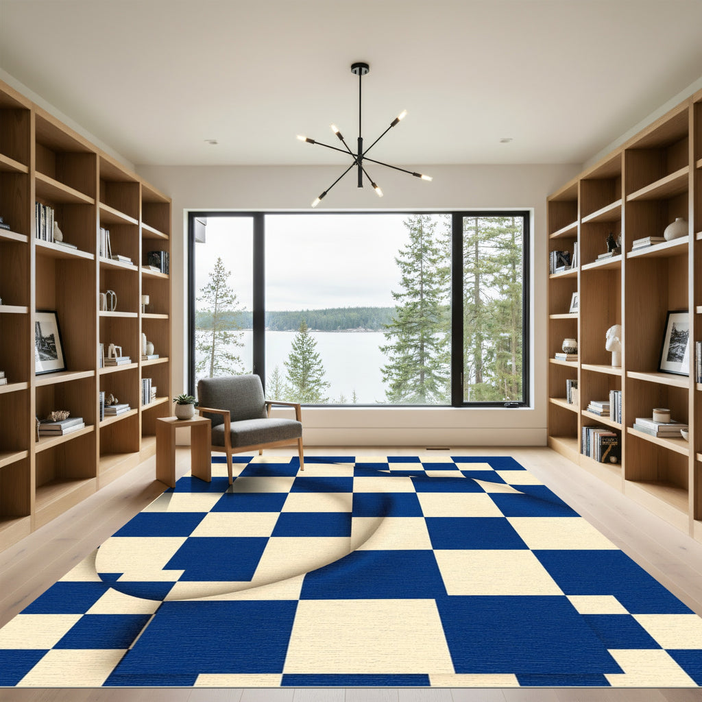 Royal Blue Cream Checkered Grid Rug