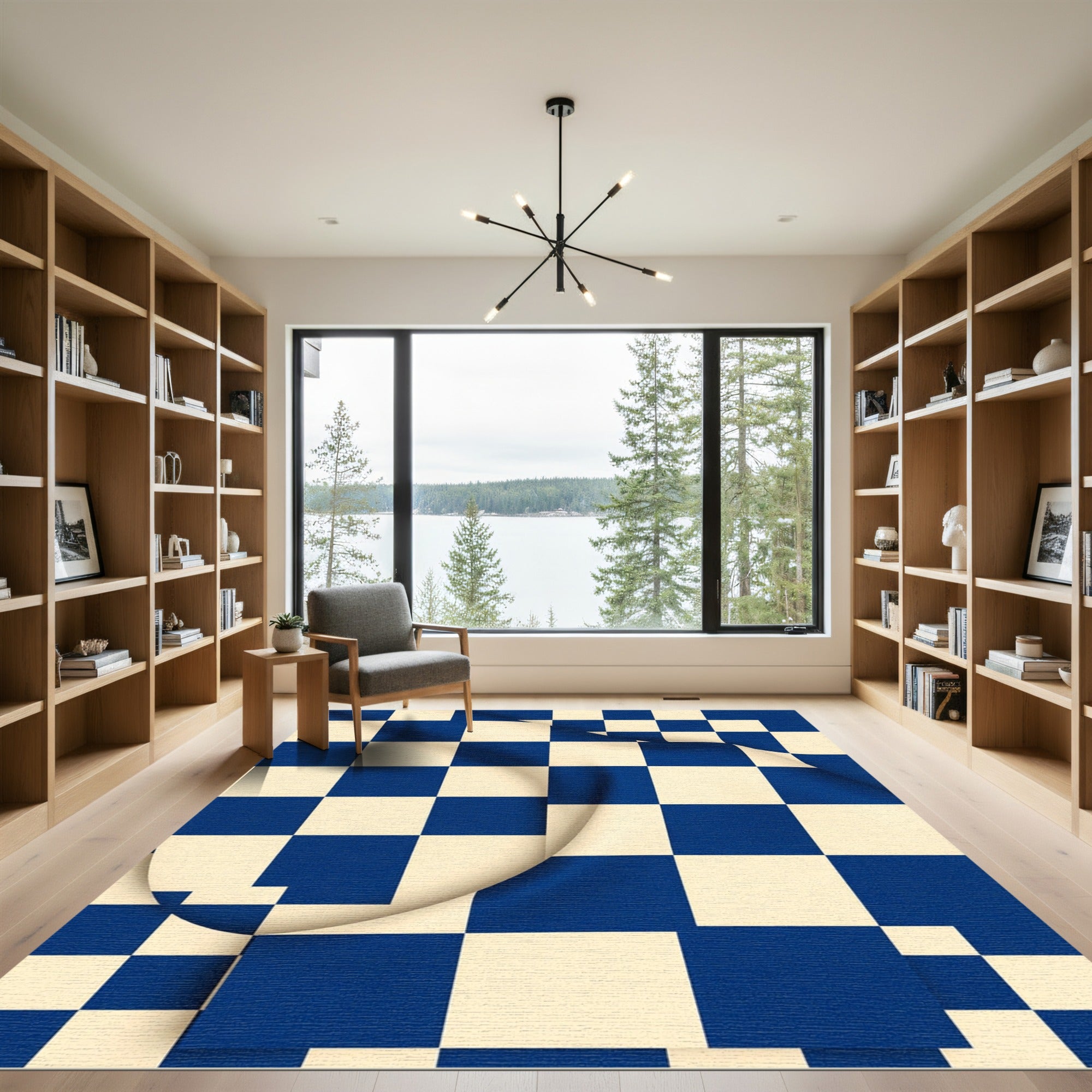 Royal Blue Cream Checkered Grid Rug