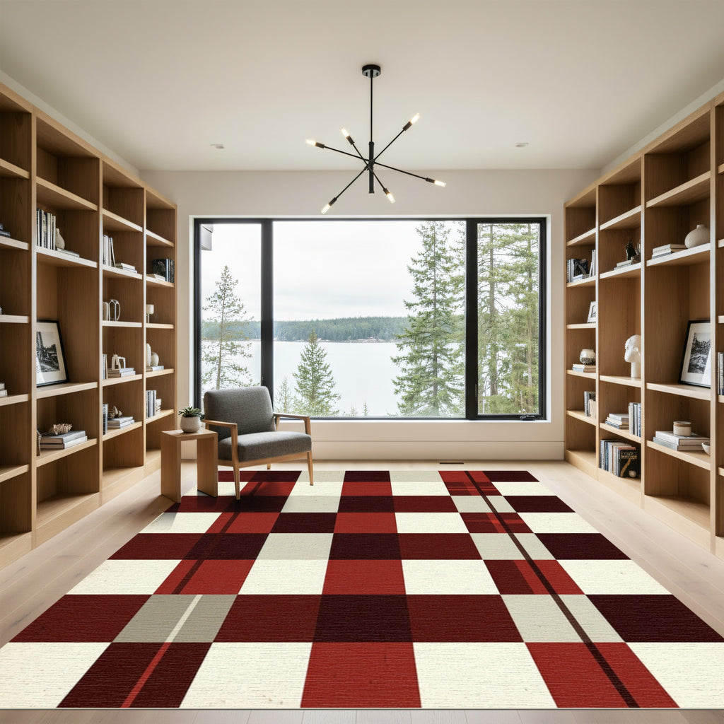 Modern Gingham Check Dark Red Rug