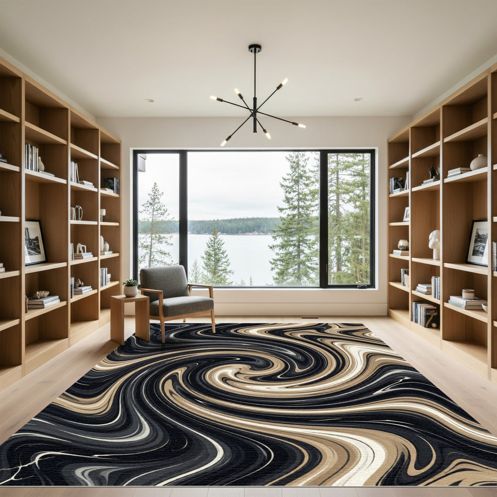 Abstract Black and Cream Swirl Rug