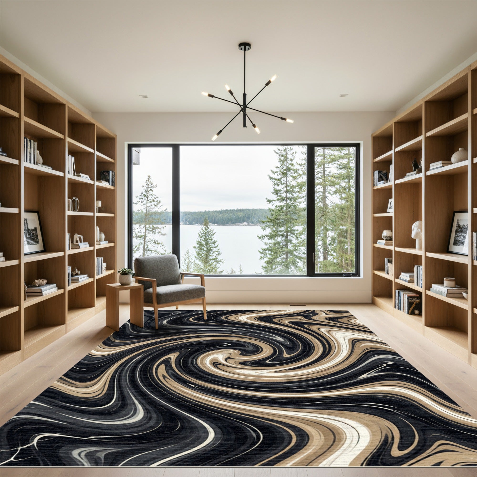 Abstract Black and Cream Swirl Rug