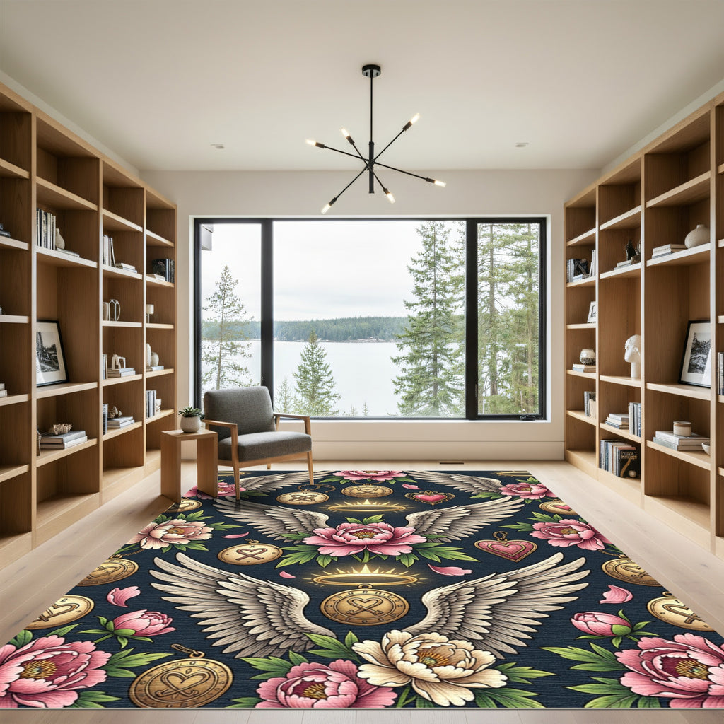 Pink Peony Angel Wing Heart Medallion Rug