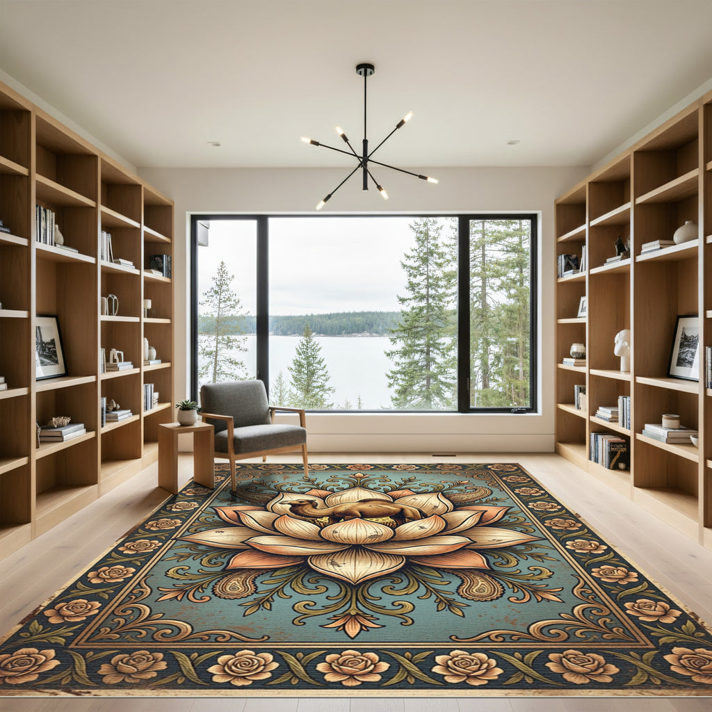 Vintage Camel Lotus Flower Tapestry Rug