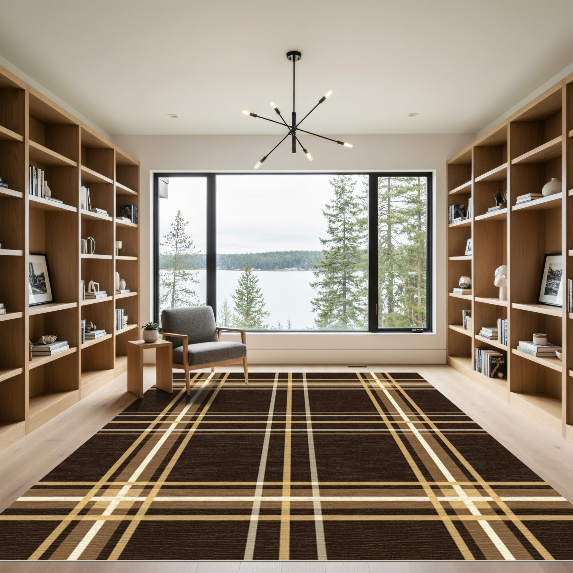 Classic Brown Tan Plaid Lines Rug