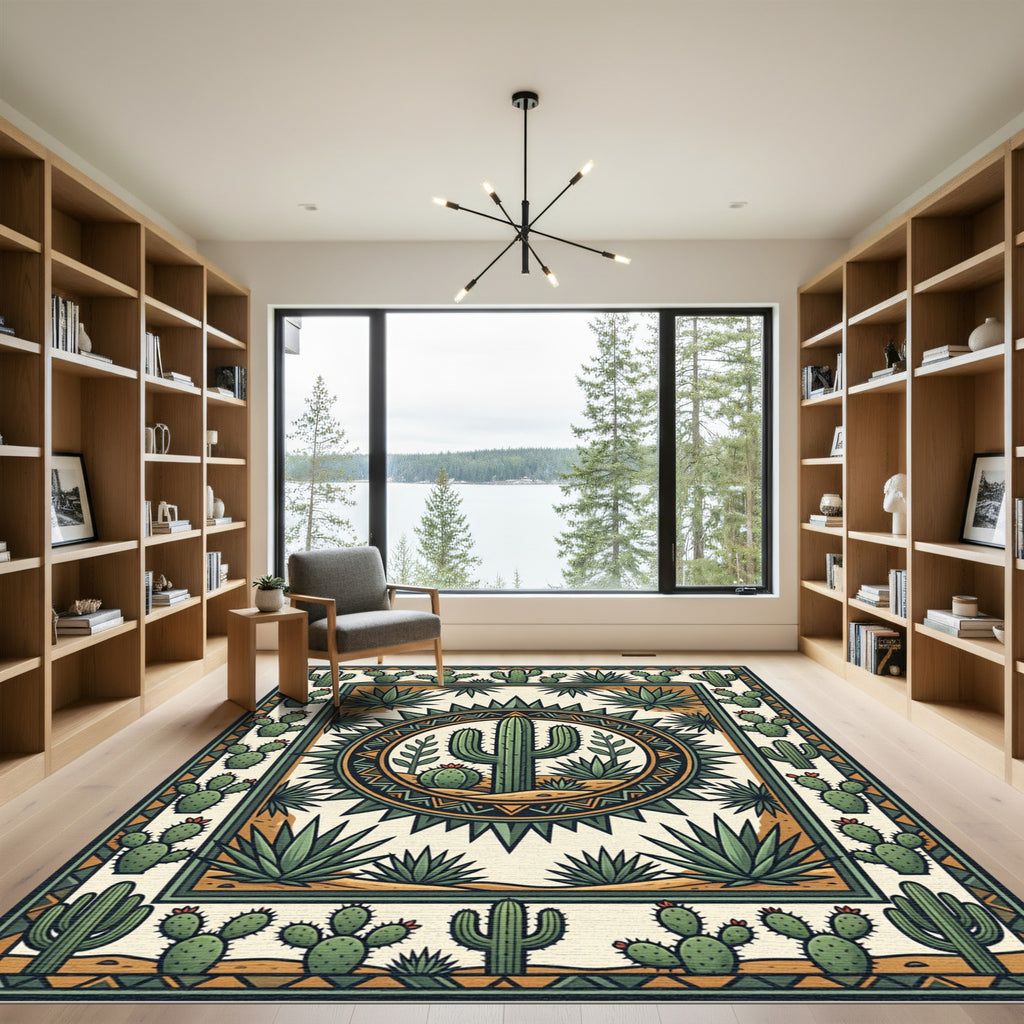 Green Desert Cactus Geometric Medallion Rug