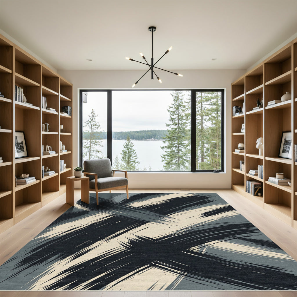 Modern Charcoal and Beige Abstract Brushstroke Rug