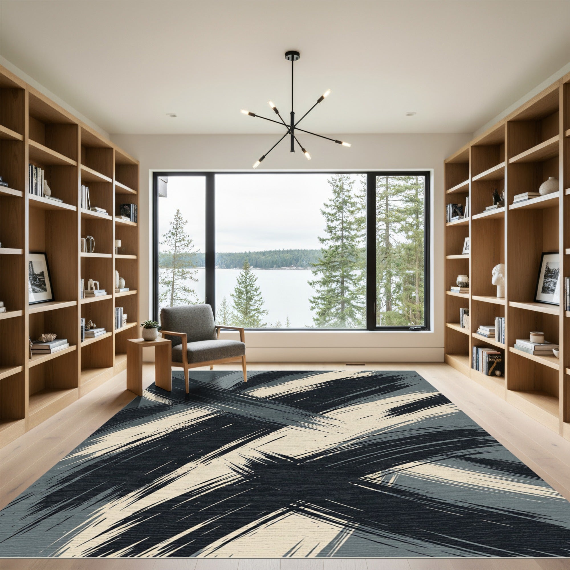Modern Charcoal and Beige Abstract Brushstroke Rug