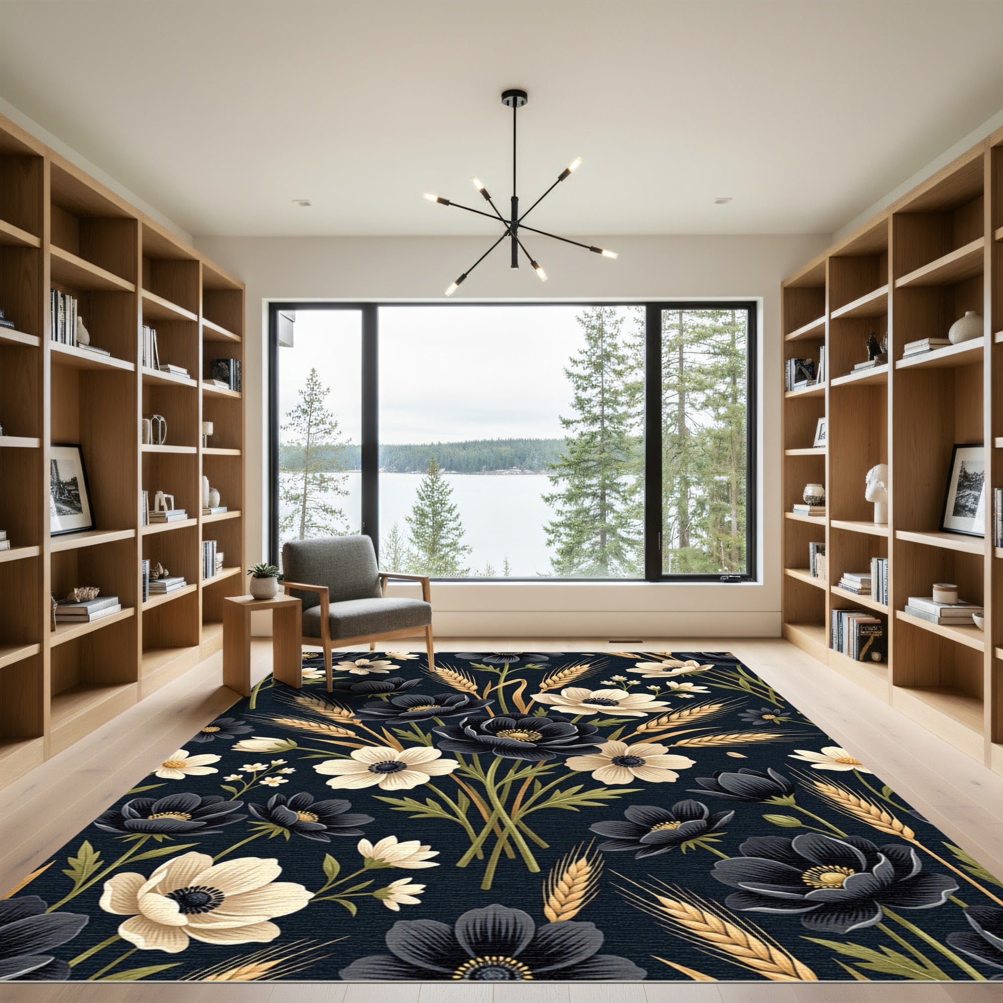 Dark Floral Wheat Arrangement Rug