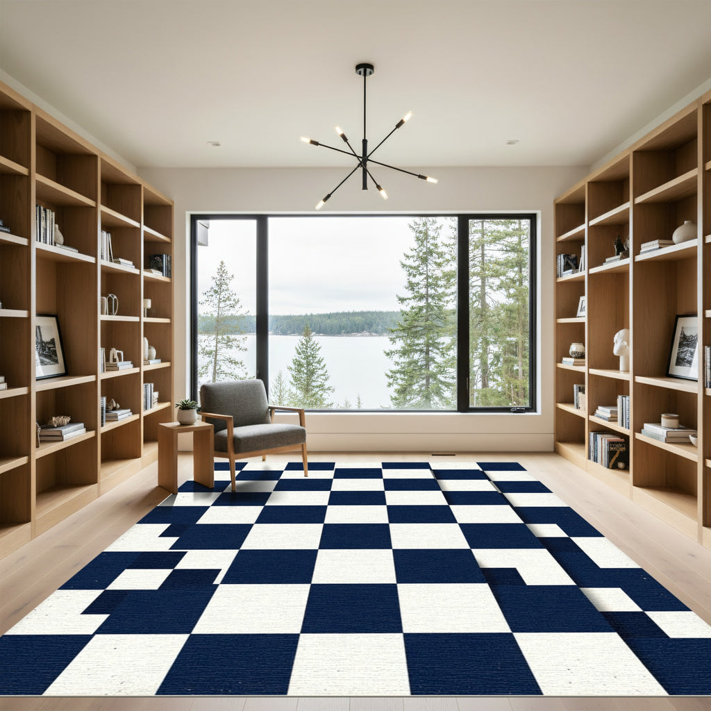 Classic Navy White Checkerboard Squares Rug