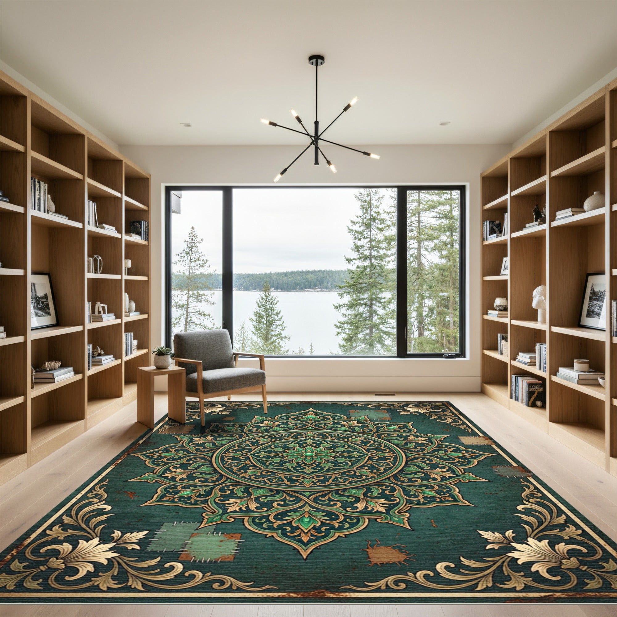 Emerald Ornate Floral Medallion Distressed Tapestry Rug