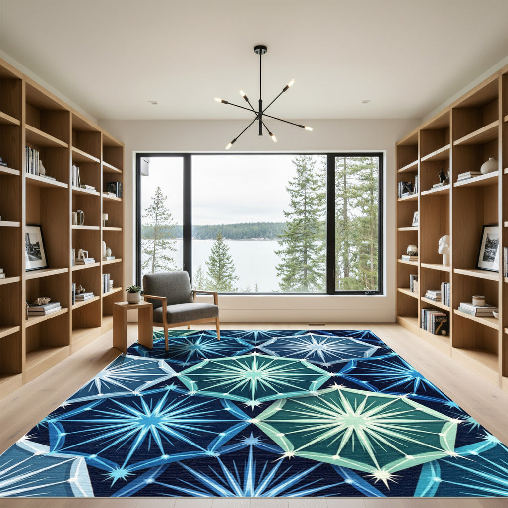 Cool Blue Starburst Geometric Rug