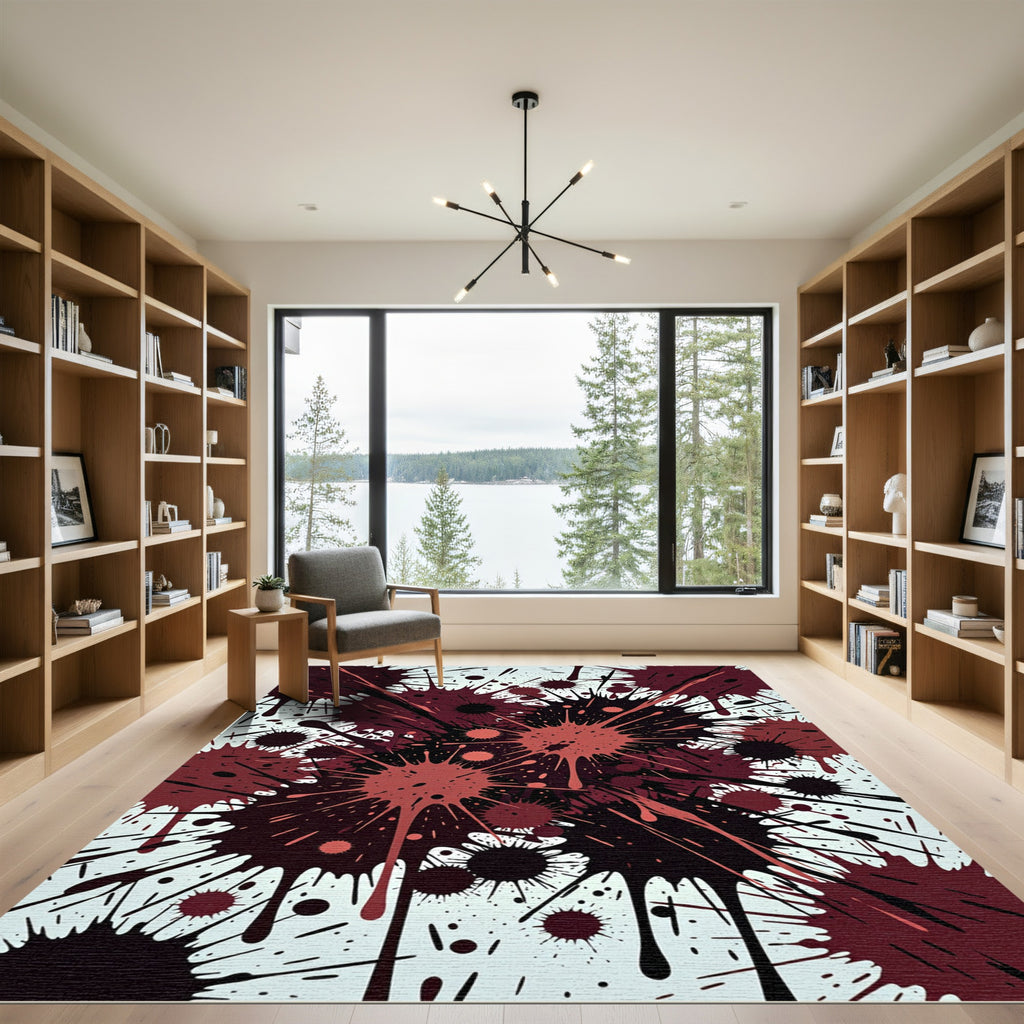 Dramatic Crimson Ink Splatter Abstract Rug