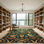 Ornate Golden Currency Filigree Deep Teal Rug