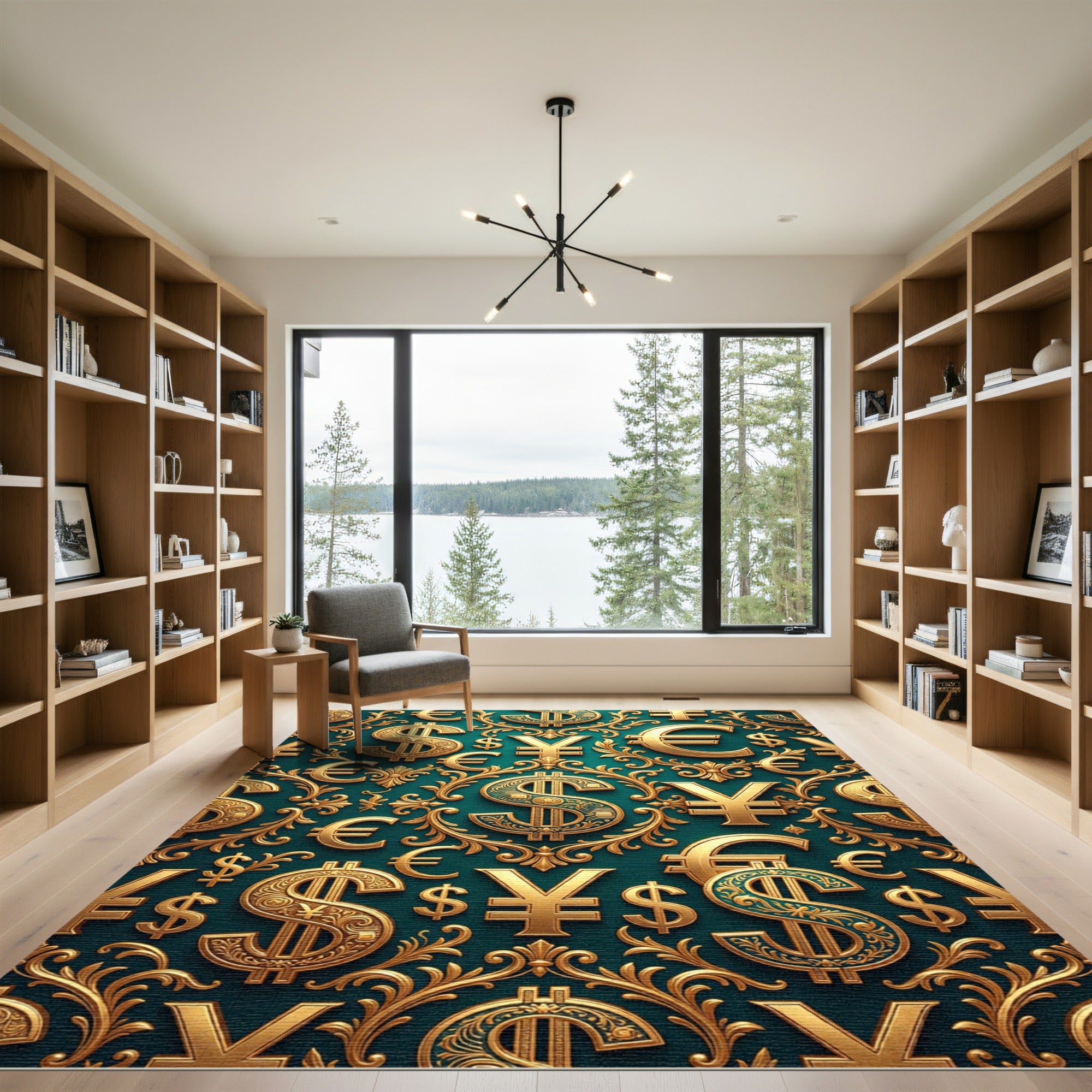 Ornate Golden Currency Filigree Deep Teal Rug