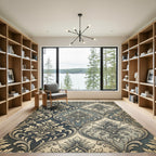Intricate Damask Blue Gold Leaf Rug
