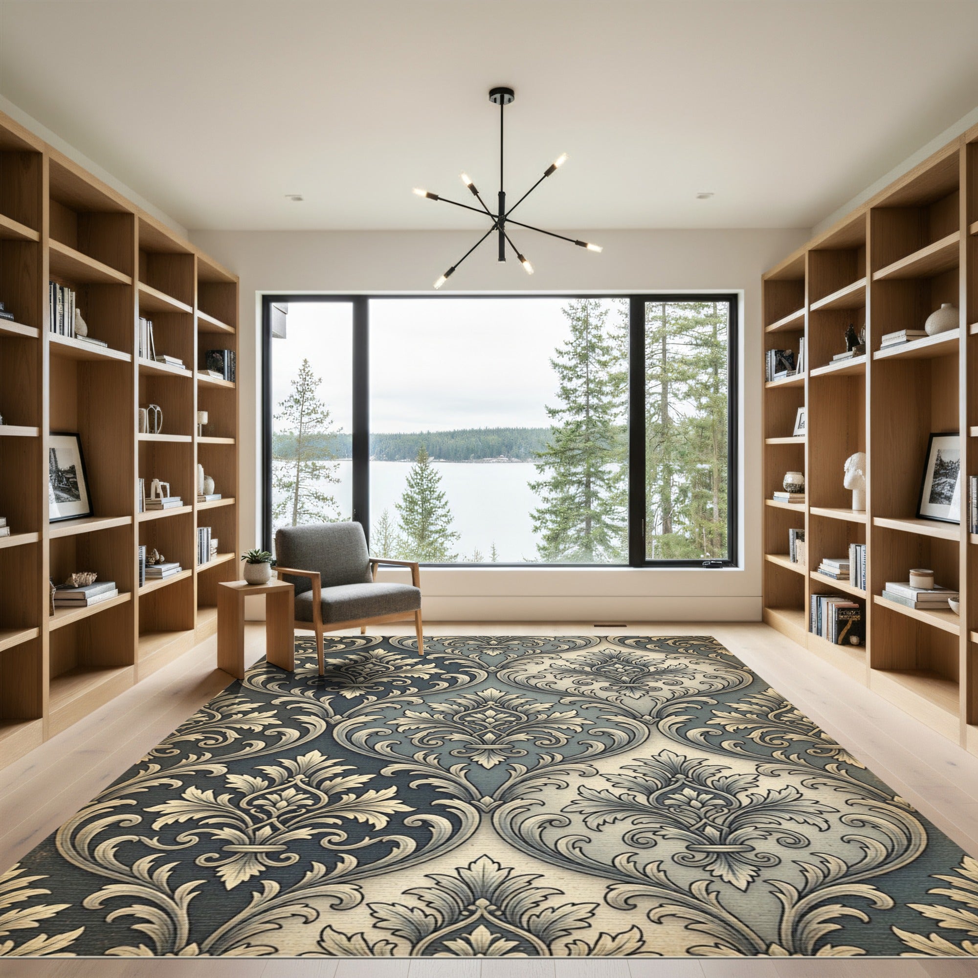 Intricate Damask Blue Gold Leaf Rug