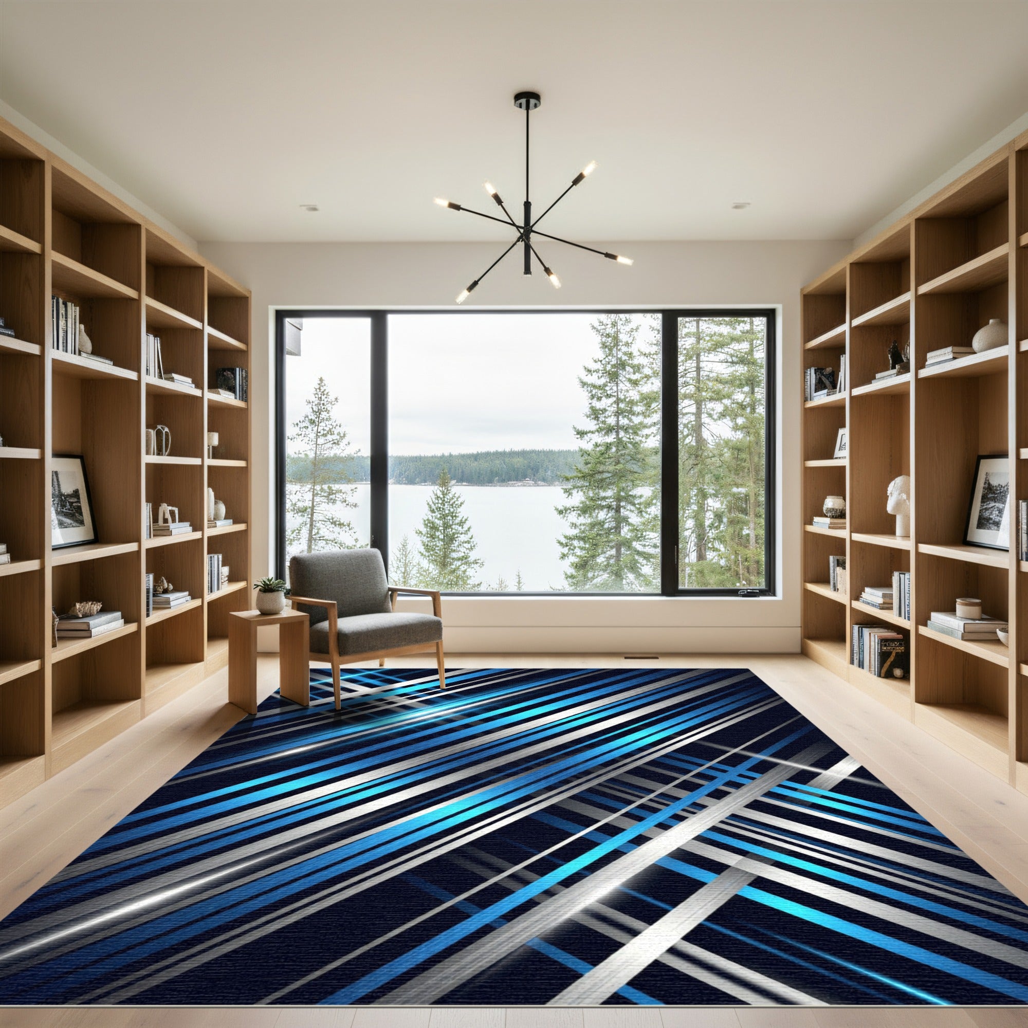 Modern Blue Silver Diagonal Linear Rug