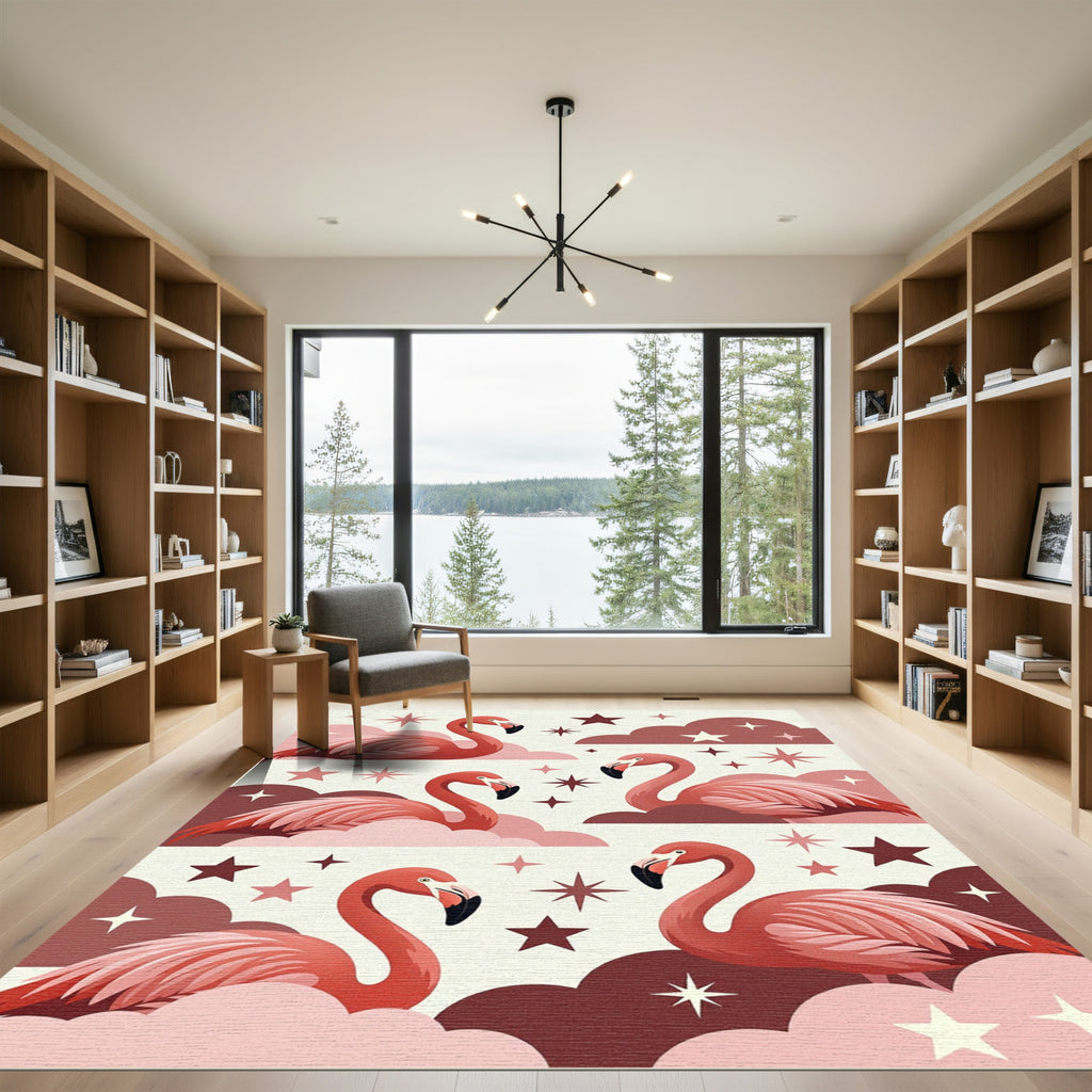 Dreamy Pink Flamingo Celestial Starry Sky Rug