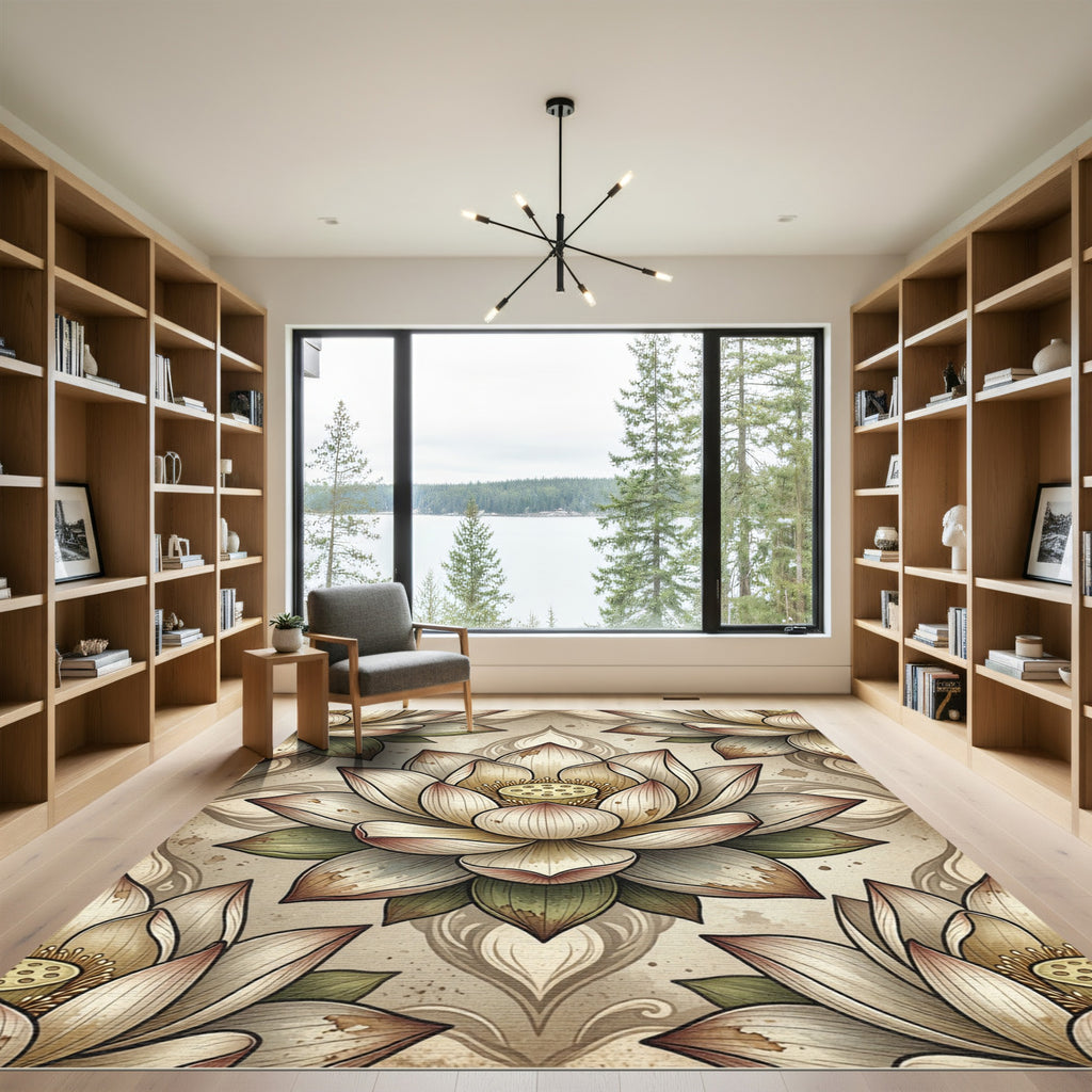 Vintage Neutral Lotus Floral Illustration Rug