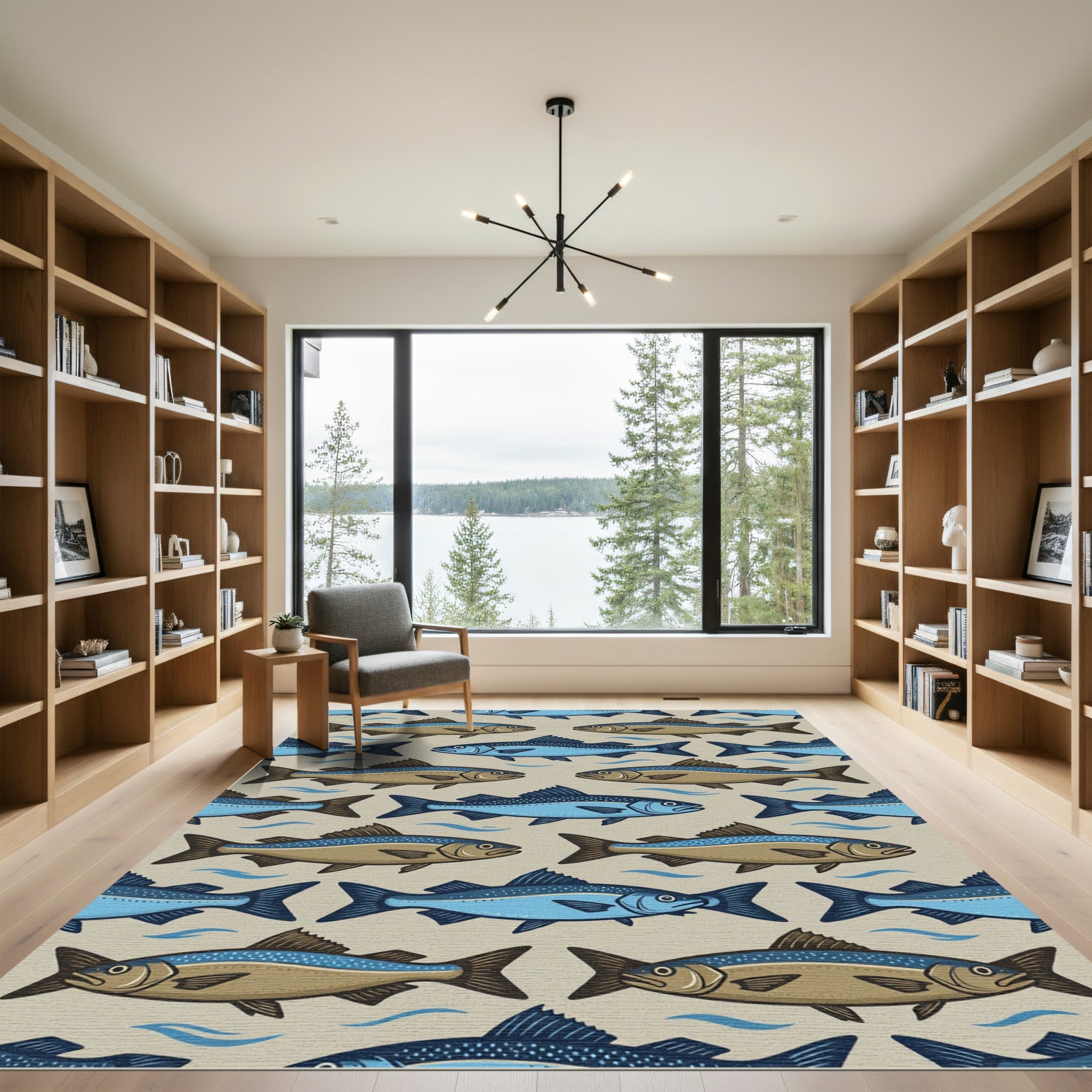 Mid Century Modern Blue Fish School Rug