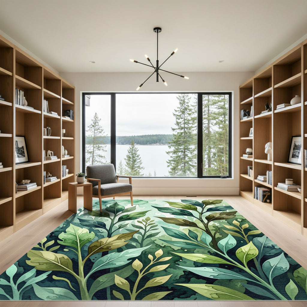 Lush Watercolor Green Forest Leaves Rug