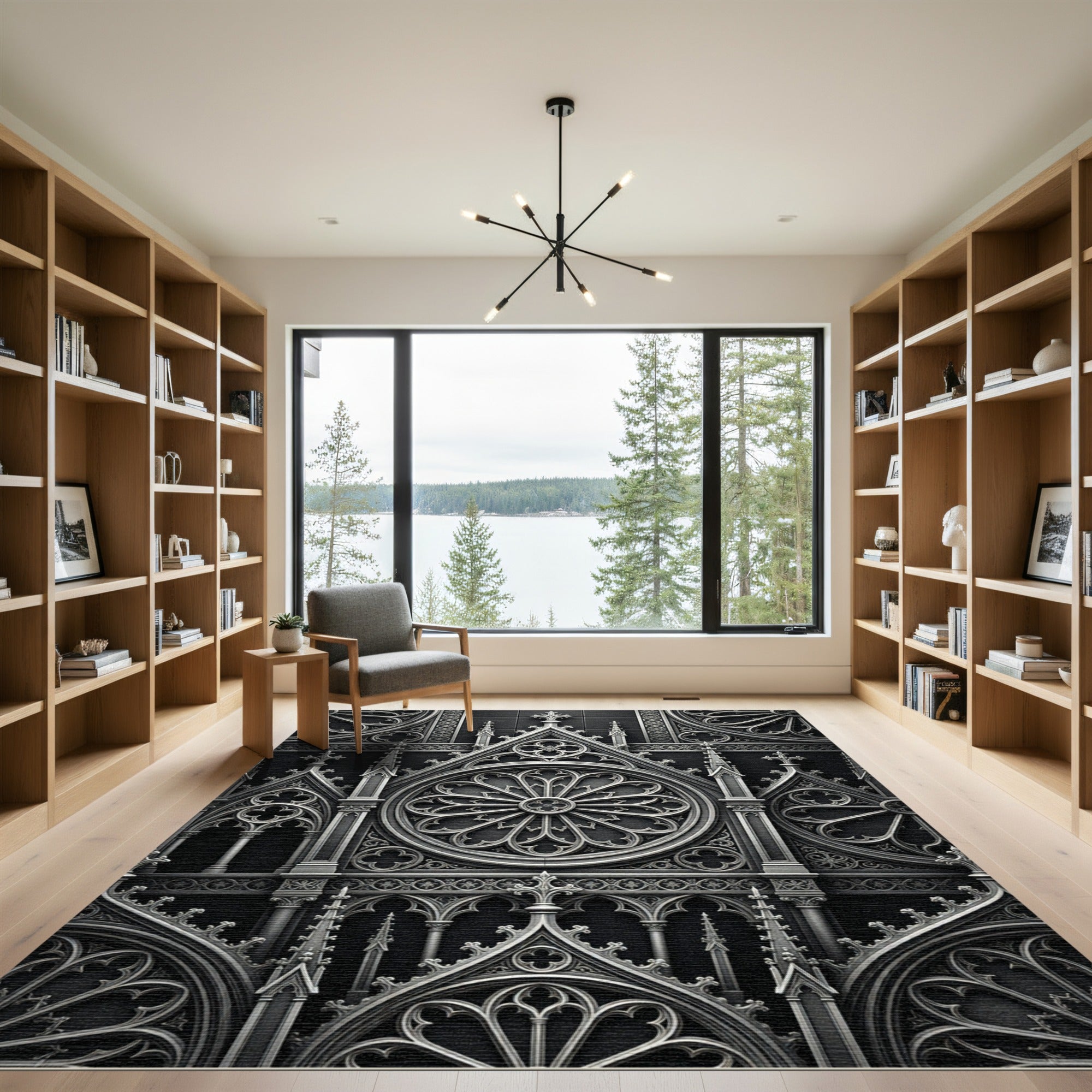 Gothic Black Silver Architectural Medallion Rug