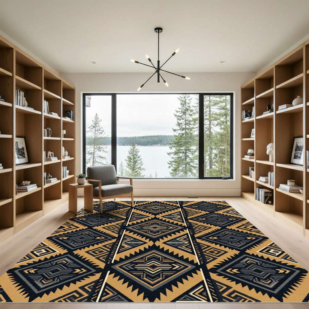 Golden Black Geometric Aztec Diamond Rug