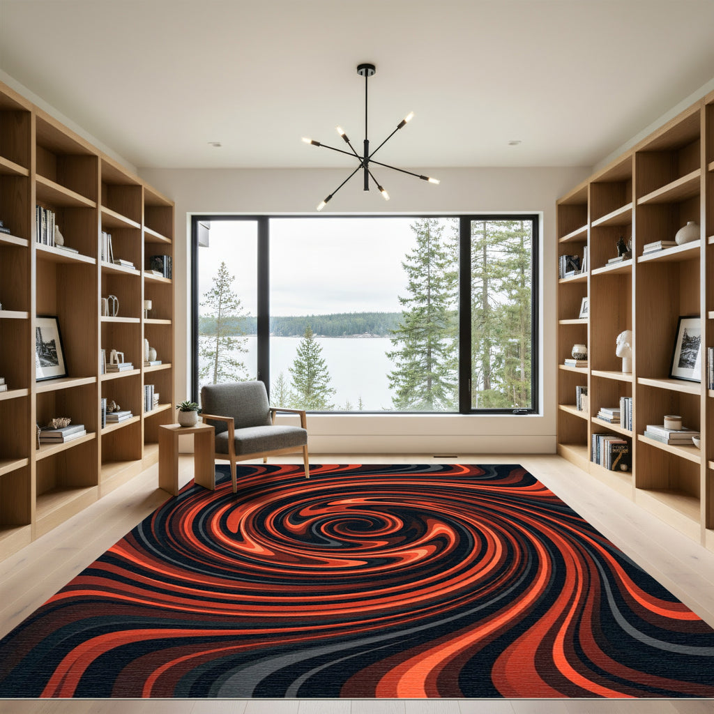 Fiery Burnt Orange Abstract Swirl Vortex Rug