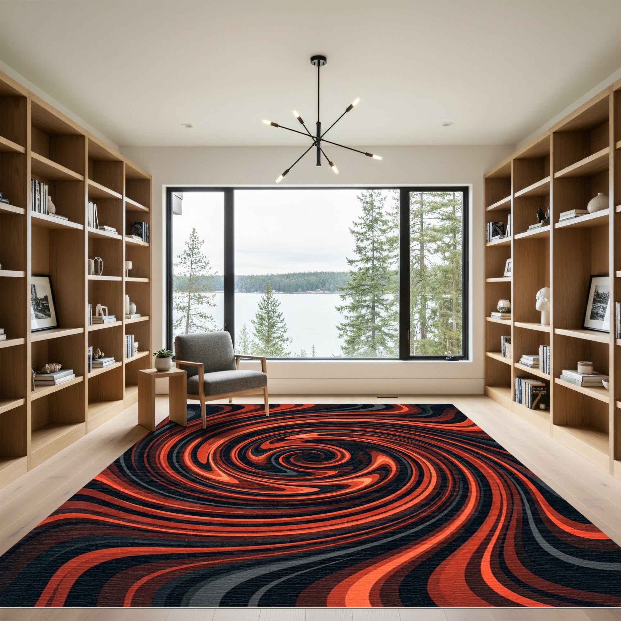 Fiery Burnt Orange Abstract Swirl Vortex Rug