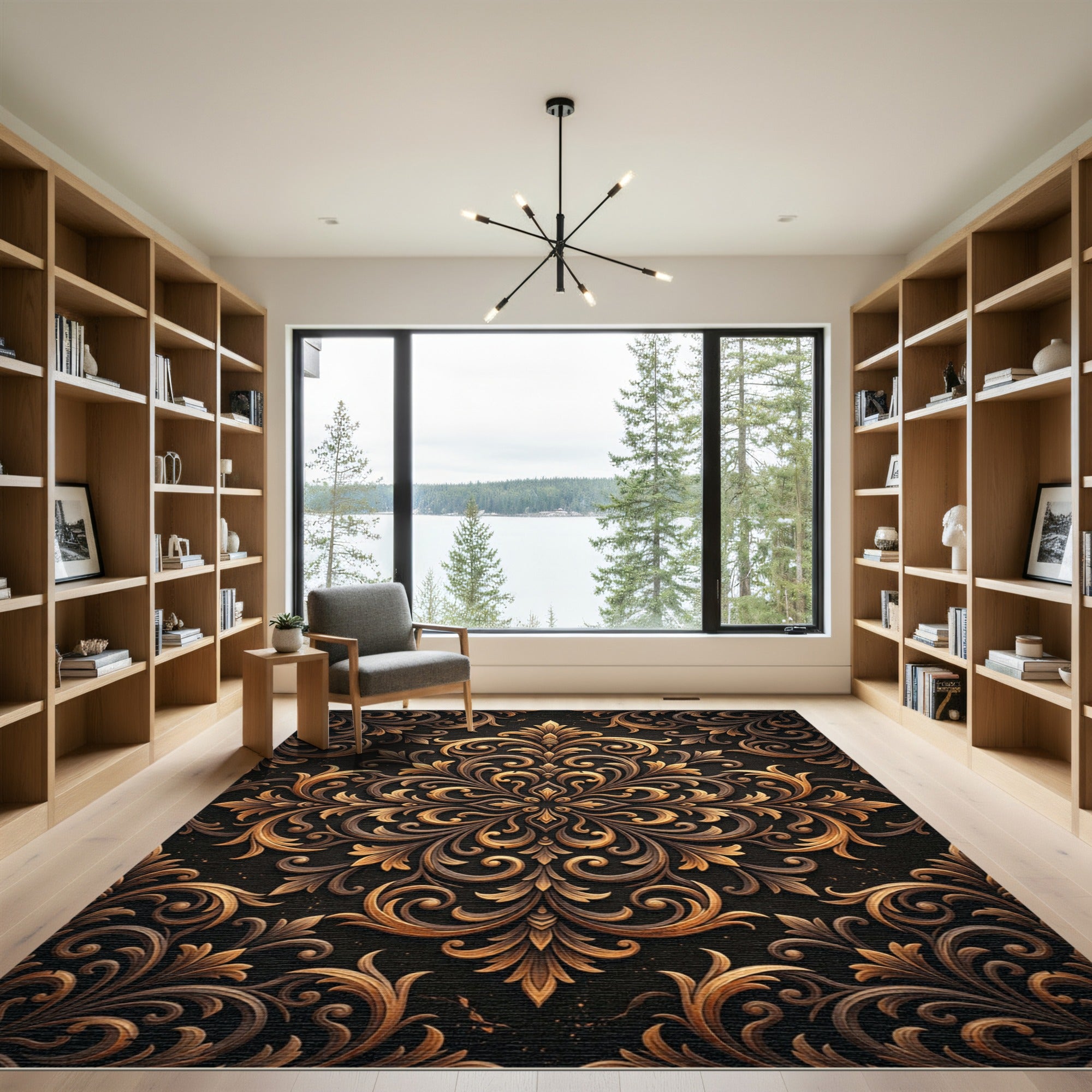 Ornate Gold and Bronze Damask Rug