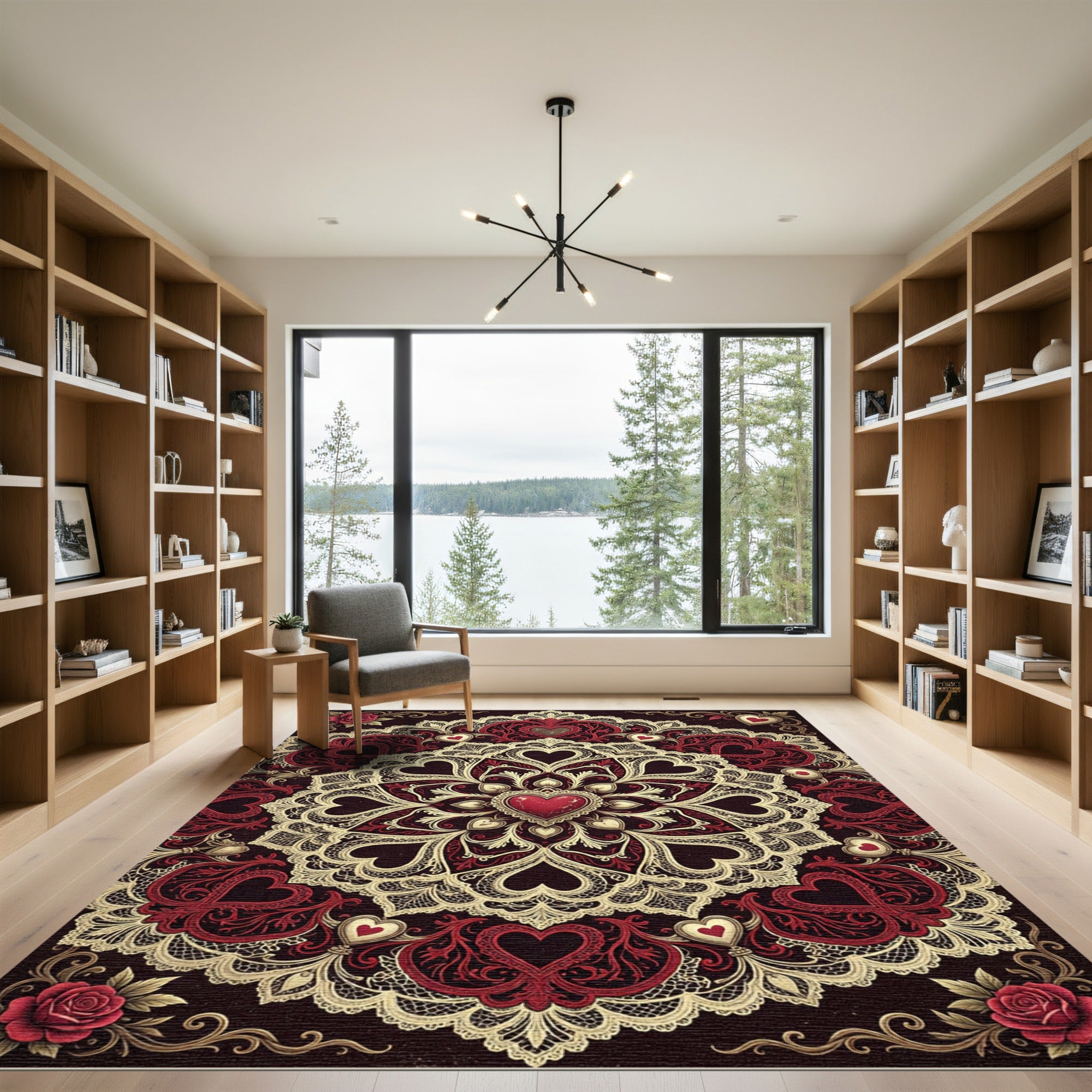 Gothic Crimson Heart Lace Medallion Rug