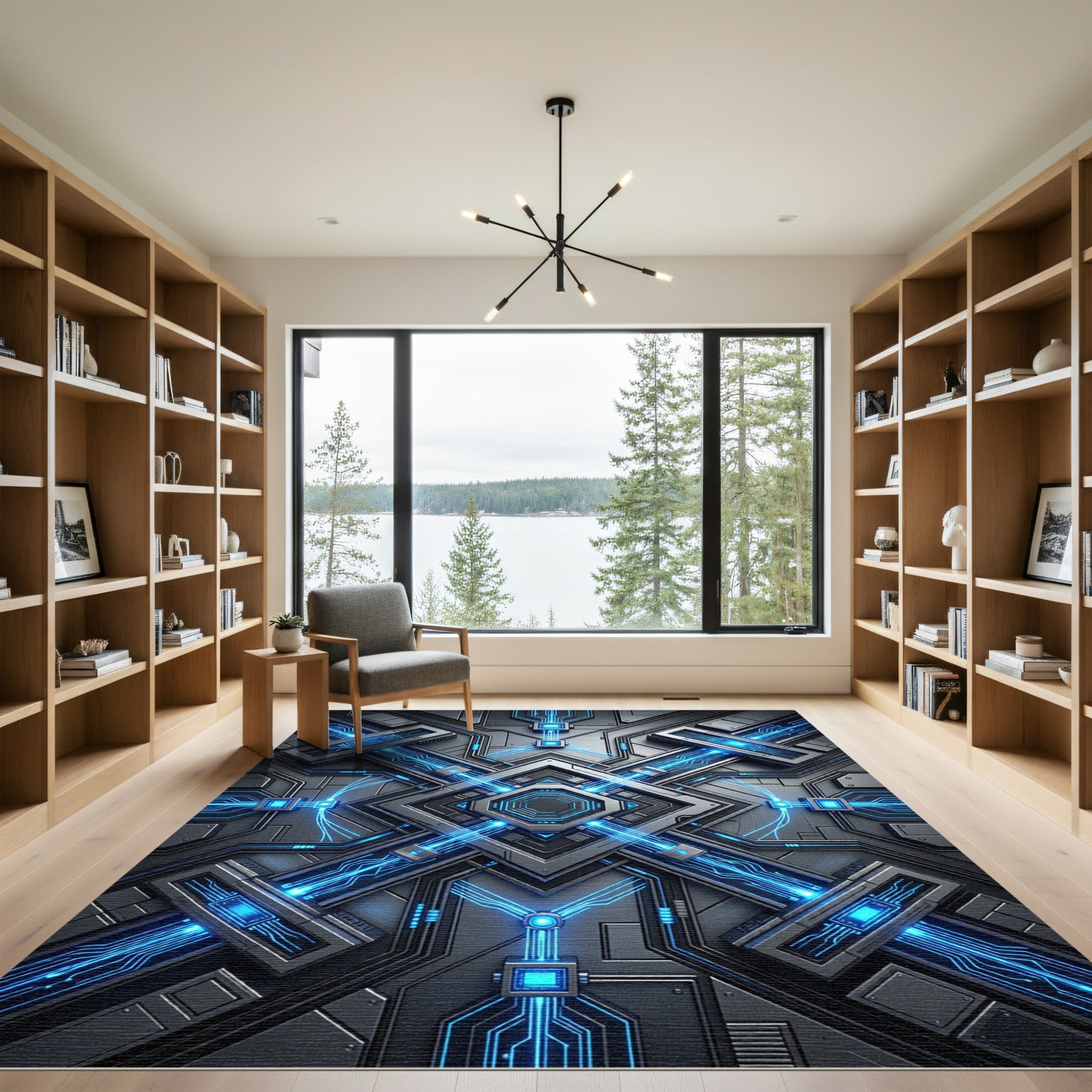 Luminous Electric Blue Cyber Circuit Grid Rug