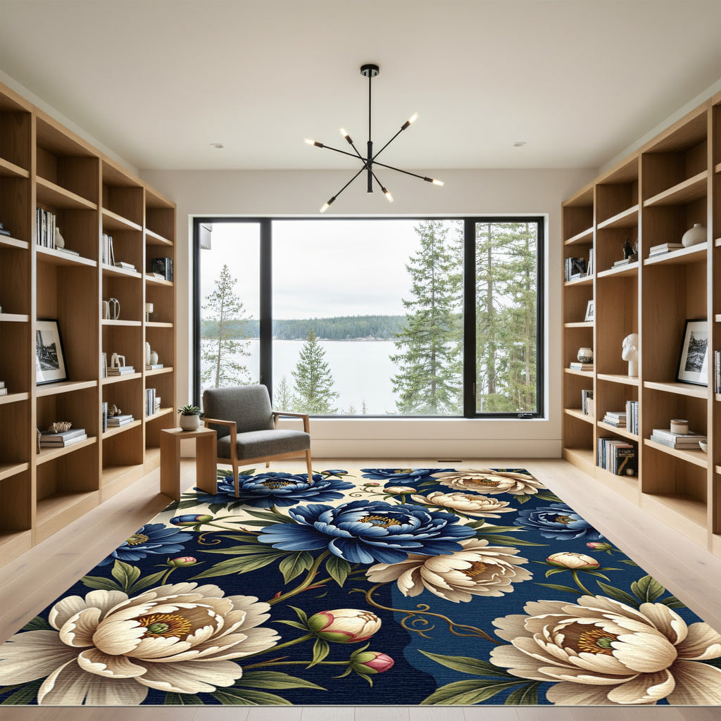 Navy and Cream Peony Floral Bloom Rug