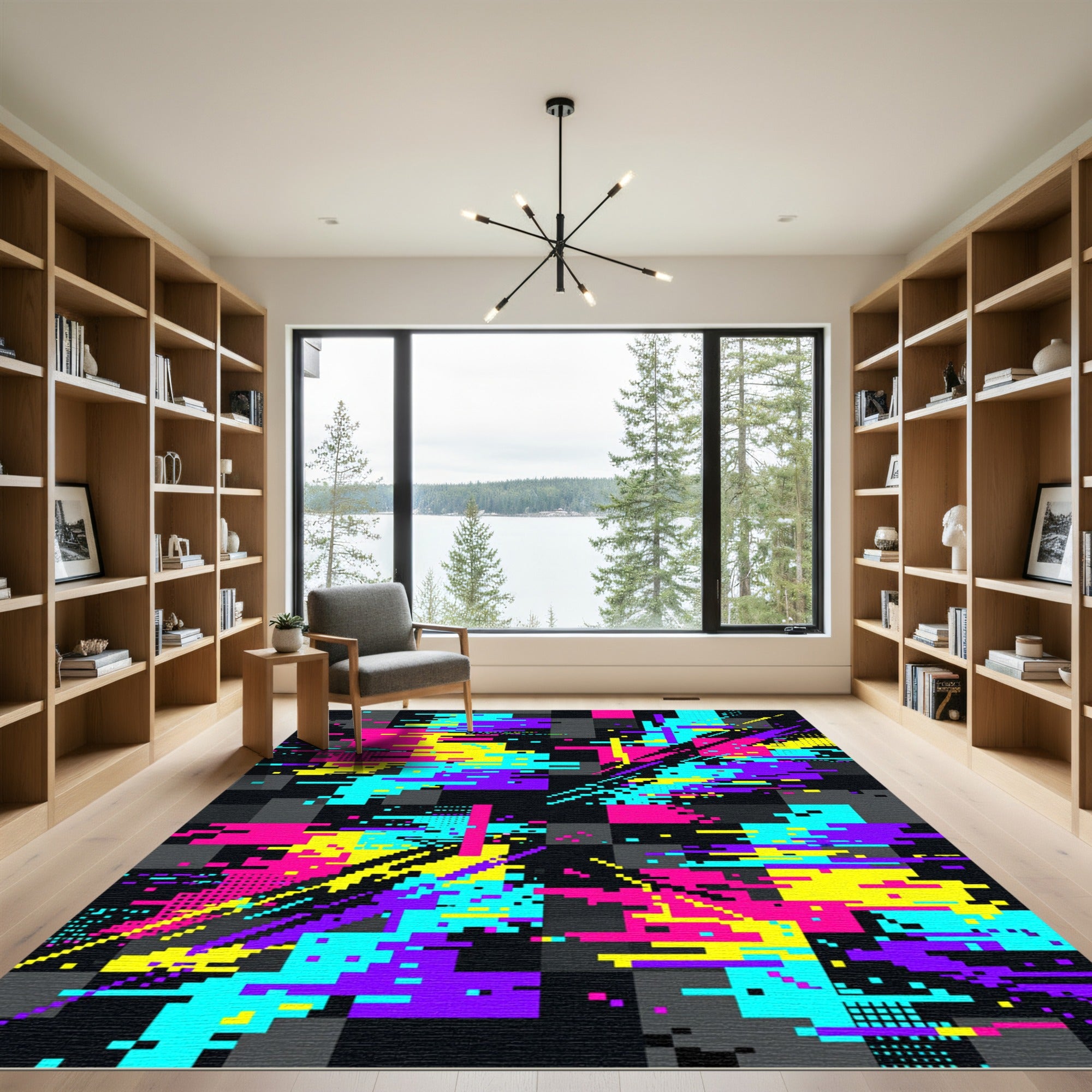 Neon Cyber Glitch Geometric Digital Art Rug