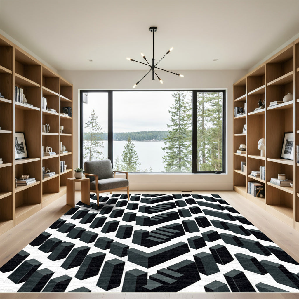 Geometric Dark Gray Cubes and Stairs Rug