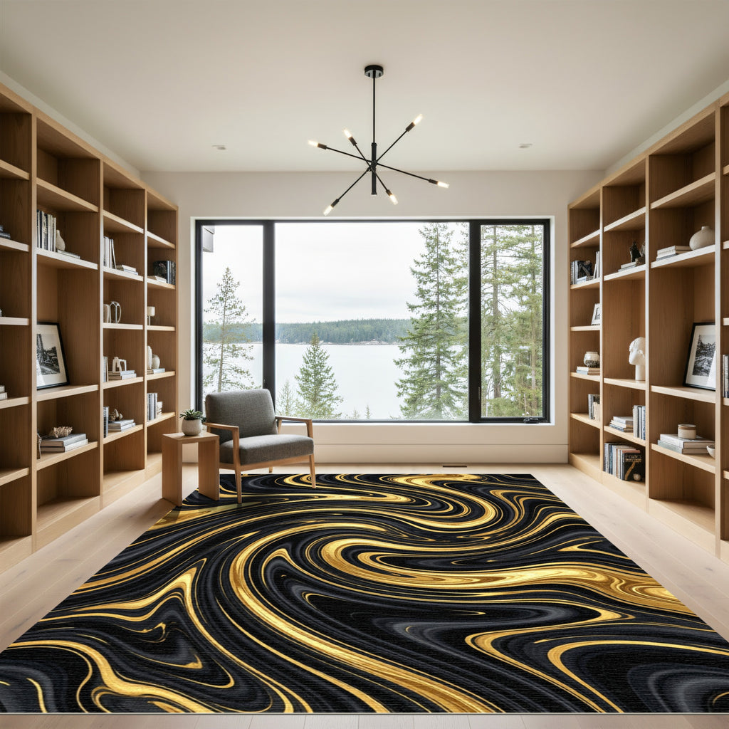 Elegant Gold and Black Marble Swirl Rug