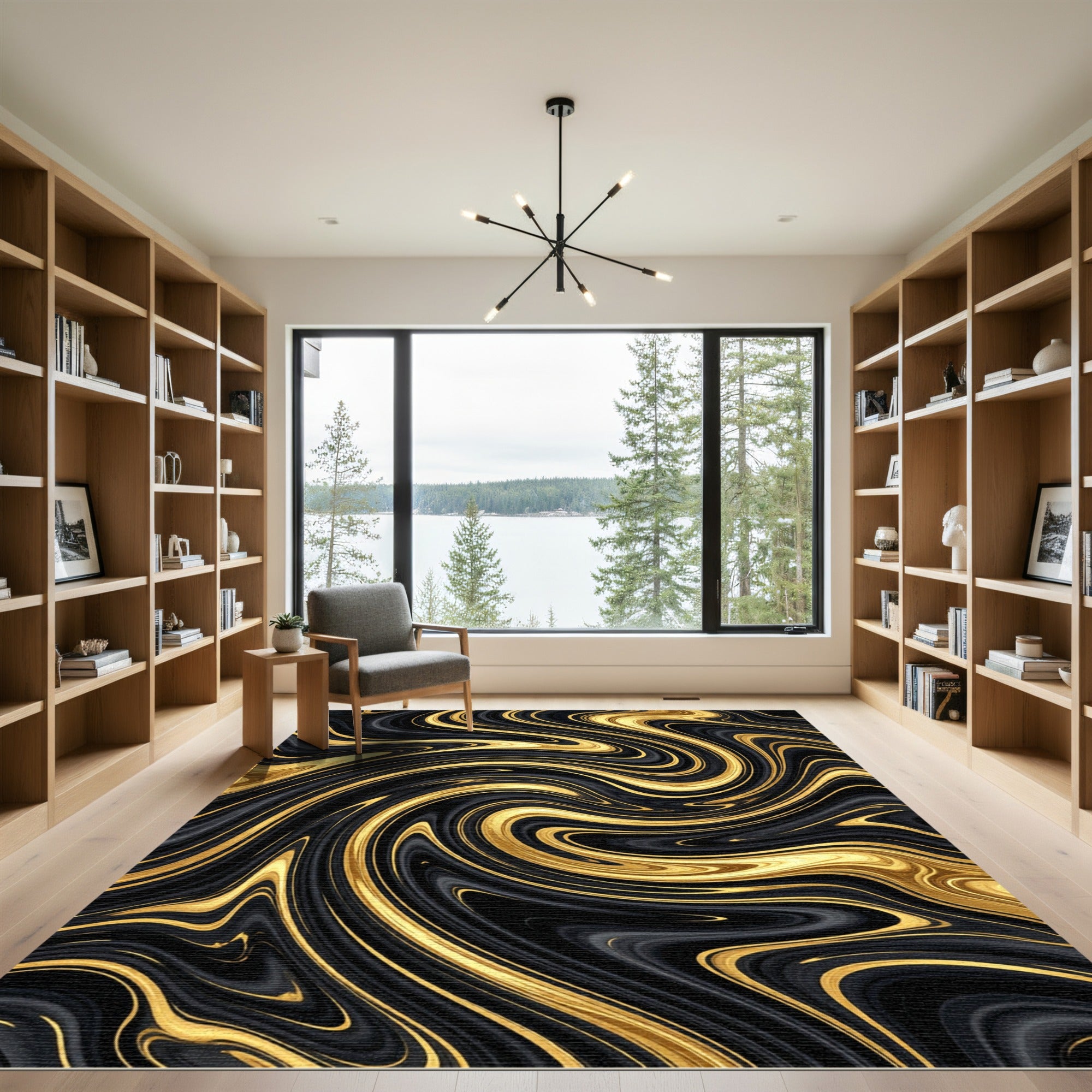 Elegant Gold and Black Marble Swirl Rug