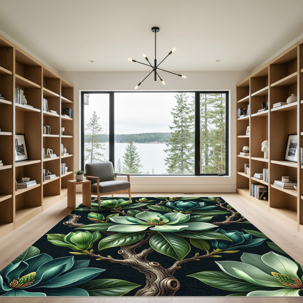 Lush Emerald Magnolia Botanical Illustration Rug