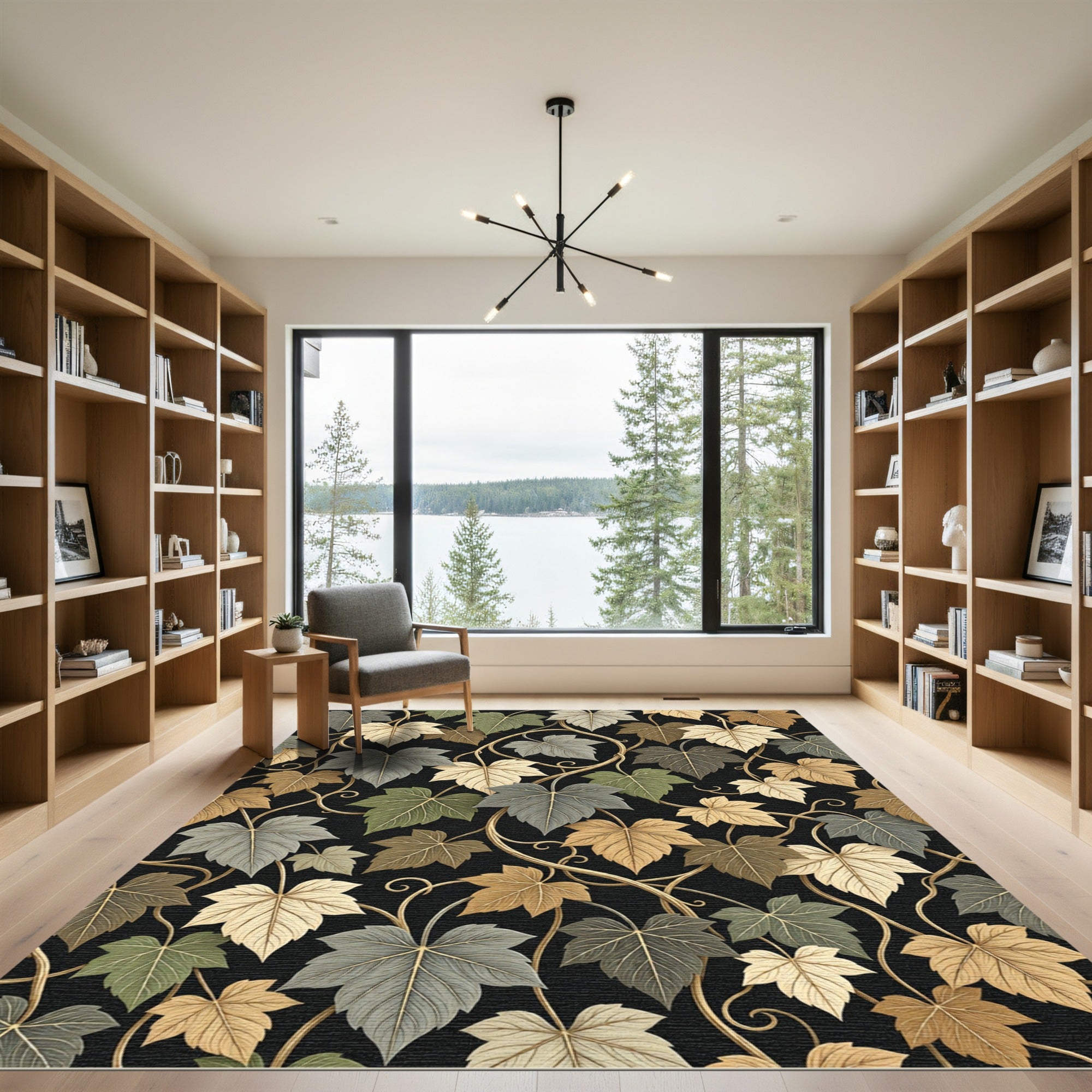Elegant Botanical Ivy Vine Black Rug