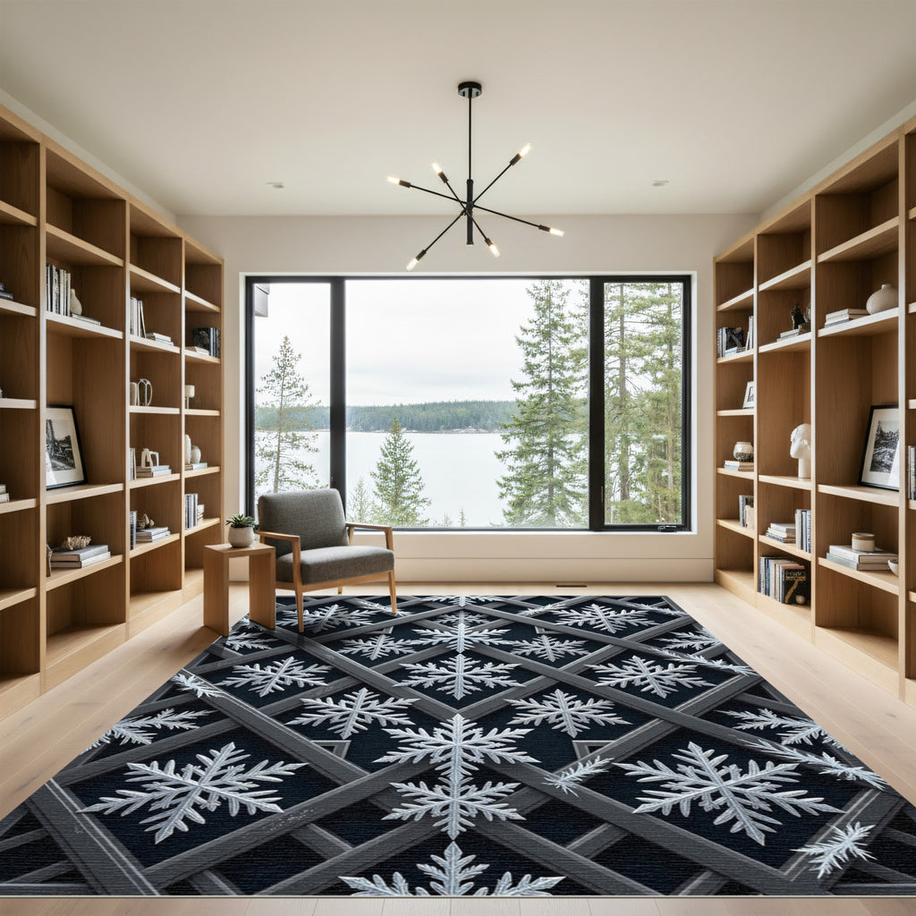 Dark Silver Geometric Snowflake Lattice Rug