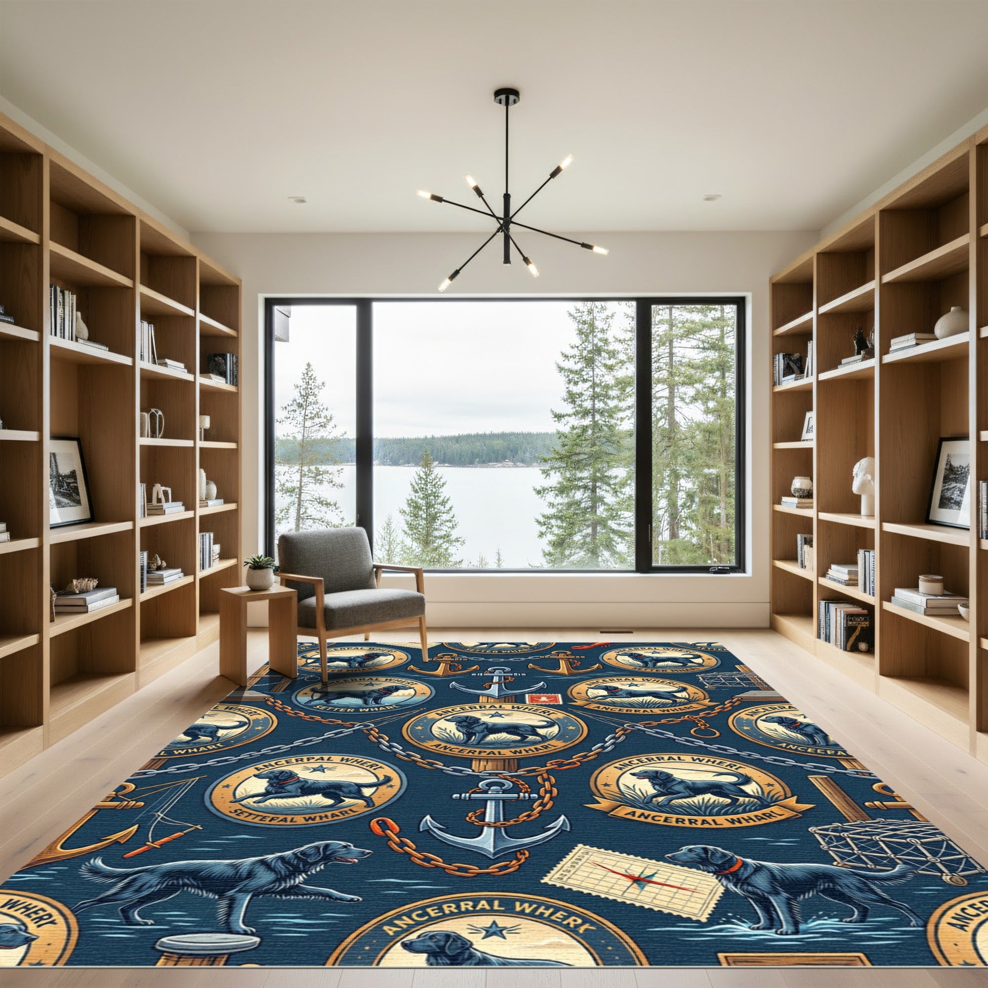 Coastal Nautical Labrador Anchor Navy Mural Rug