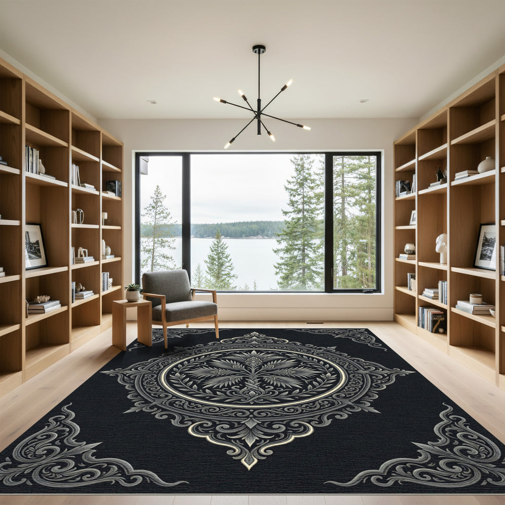 Monochromatic Ornate Floral Scrollwork Rug
