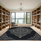 Monochromatic Ornate Floral Scrollwork Rug