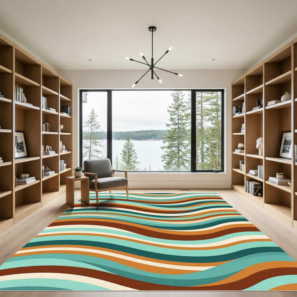 Retro Teal Orange Wave Stripes Rug