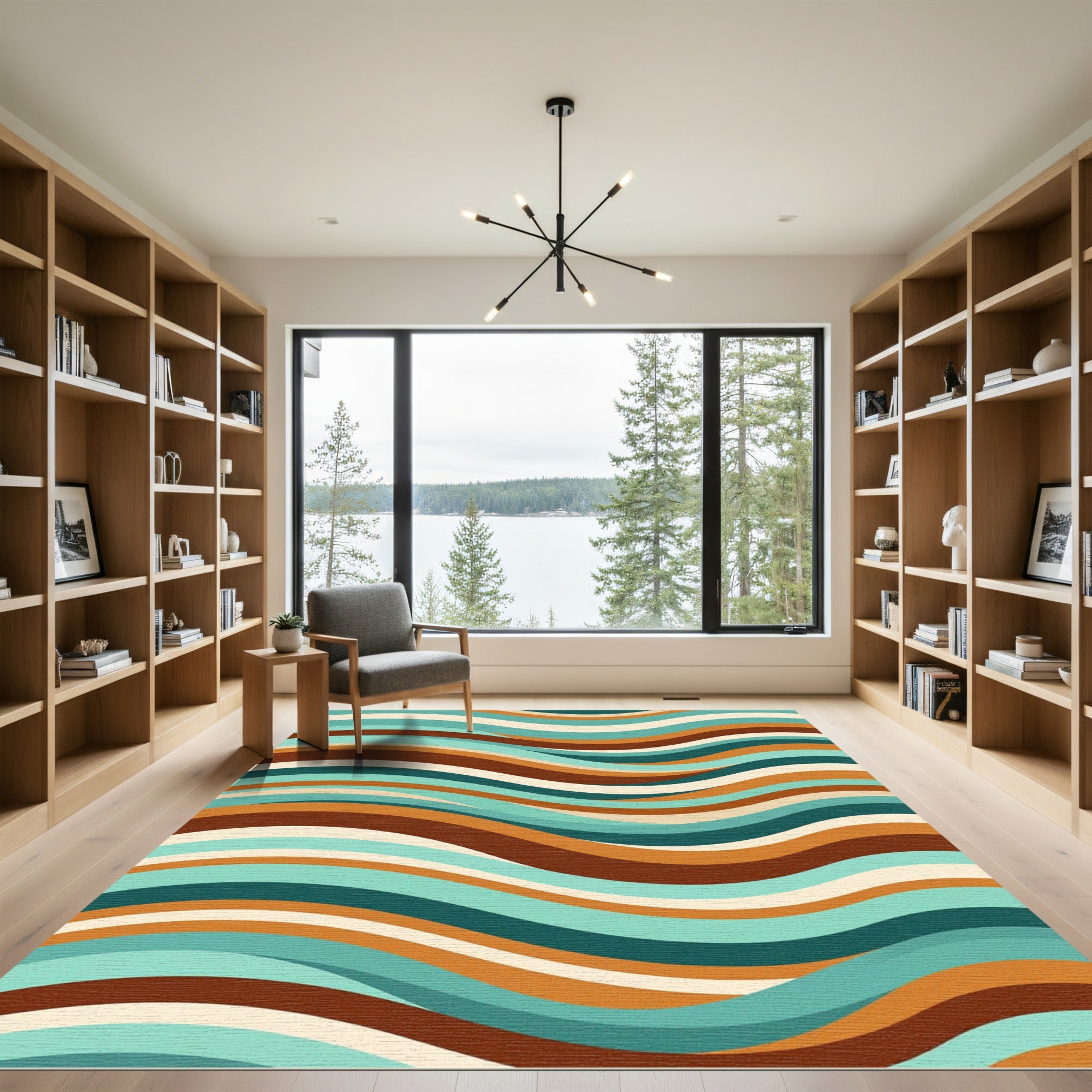 Retro Teal Orange Wave Stripes Rug