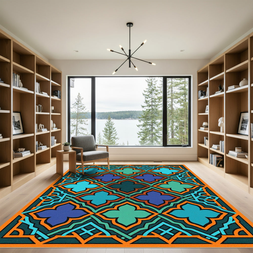 Geometric Azure Teal Quatrefoil Mosaic Rug