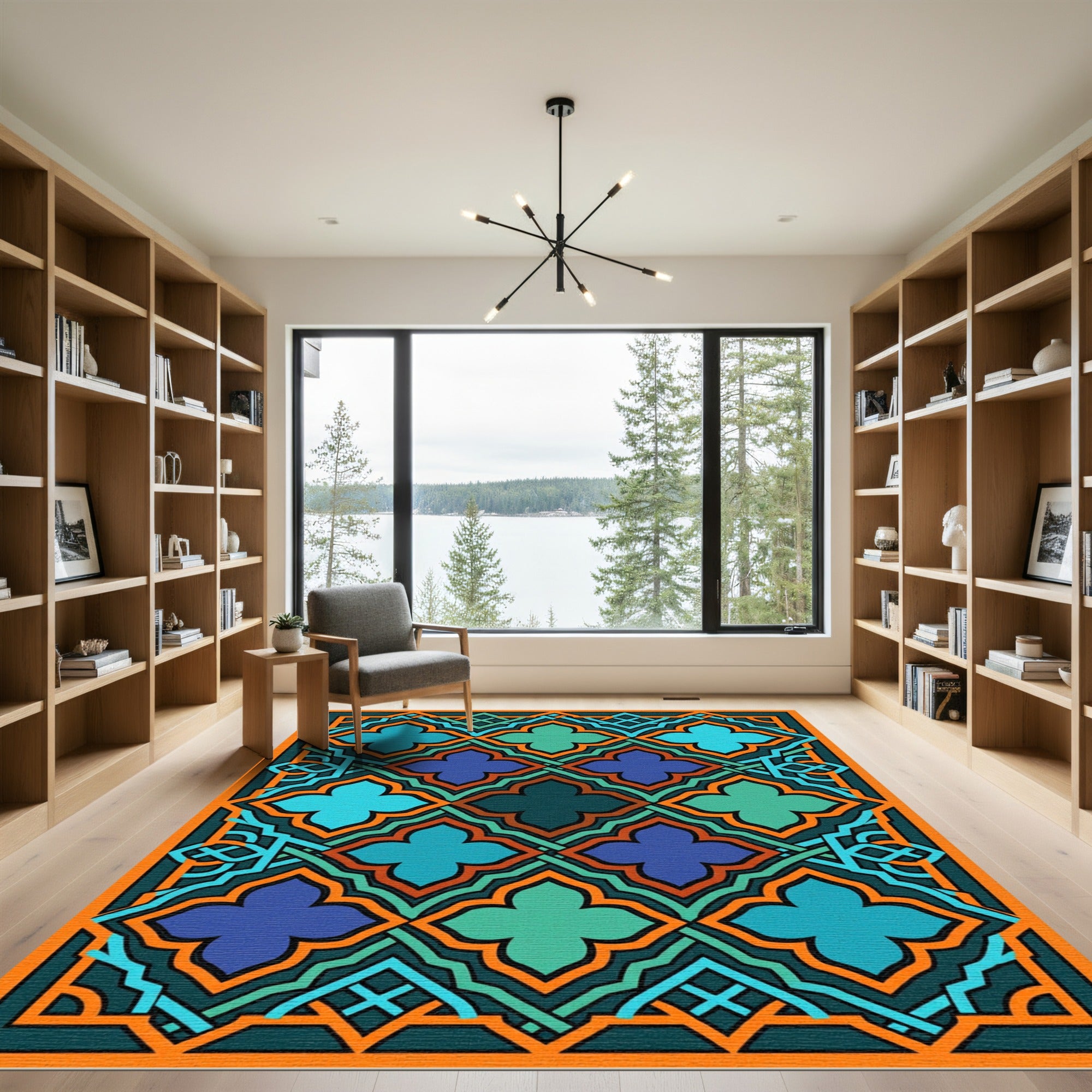 Geometric Azure Teal Quatrefoil Mosaic Rug