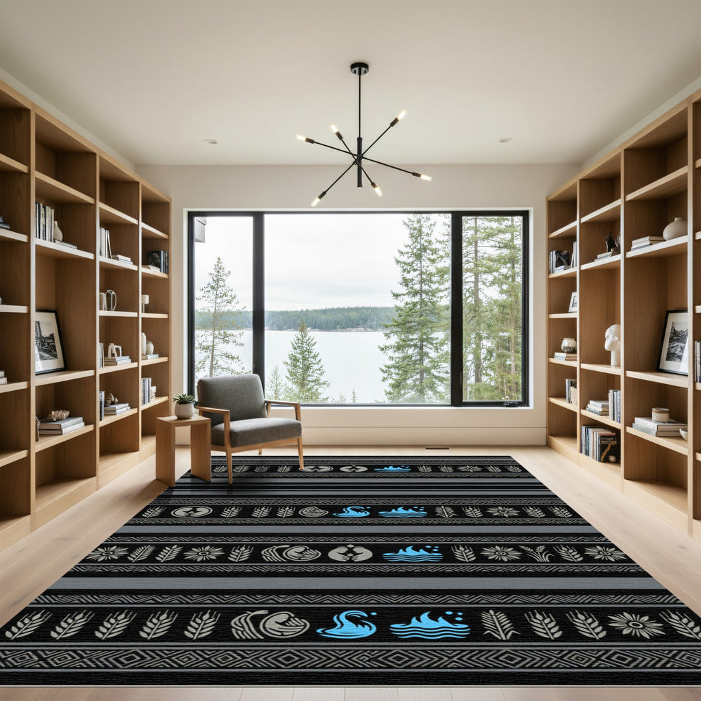 Tribal Black Wheat Flower Water Medallions Rug