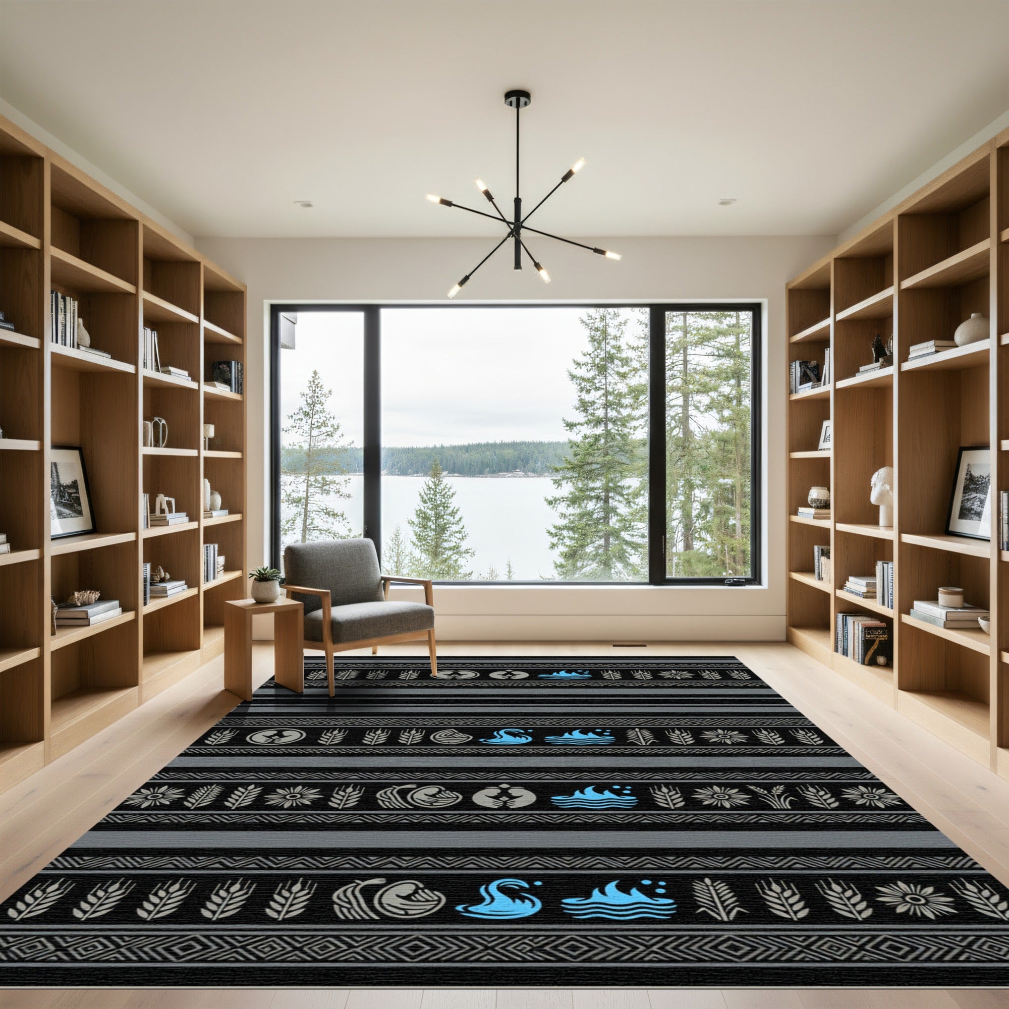 Tribal Black Wheat Flower Water Medallions Rug